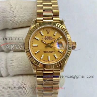 Perfect Replica Rolex Datejust All Gold Case Fluted Bezel President Band 28mm Women's Watch